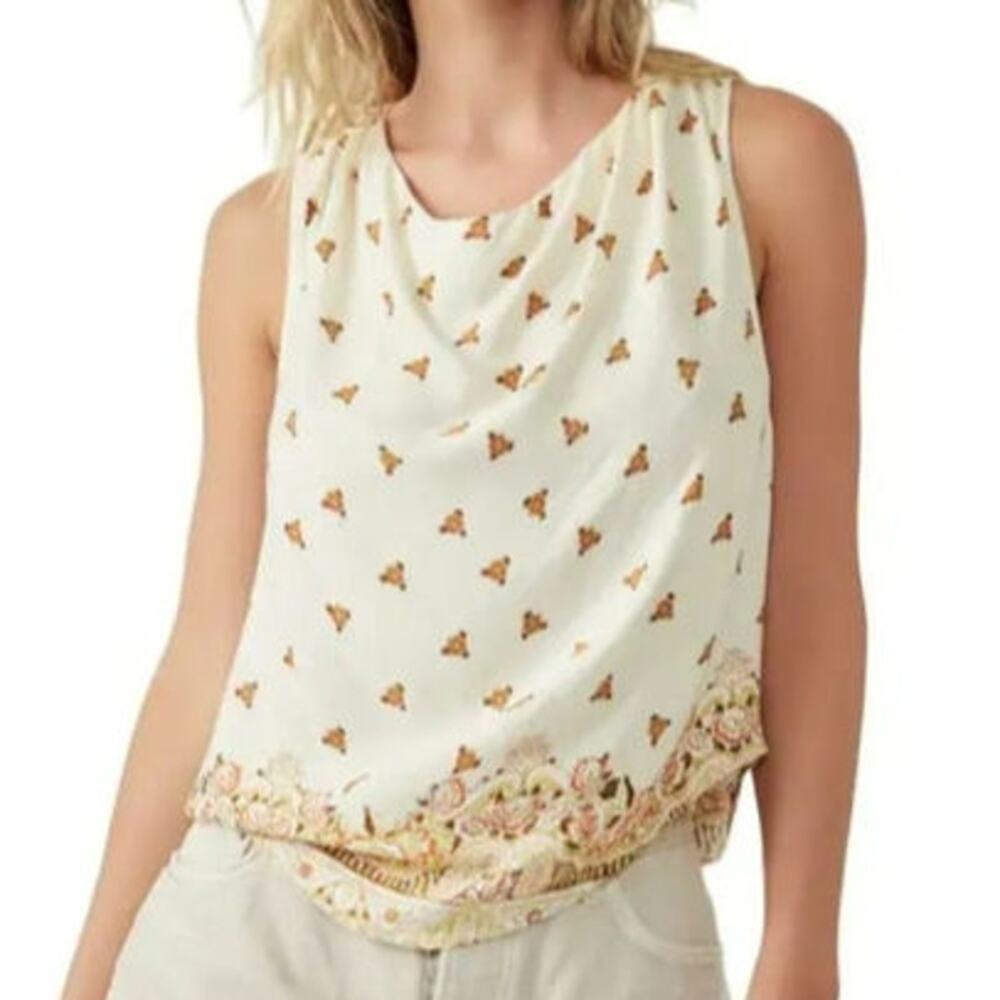 Free People Silas Print Cowl Neck Open Back Tank in Ivory Combo Boho